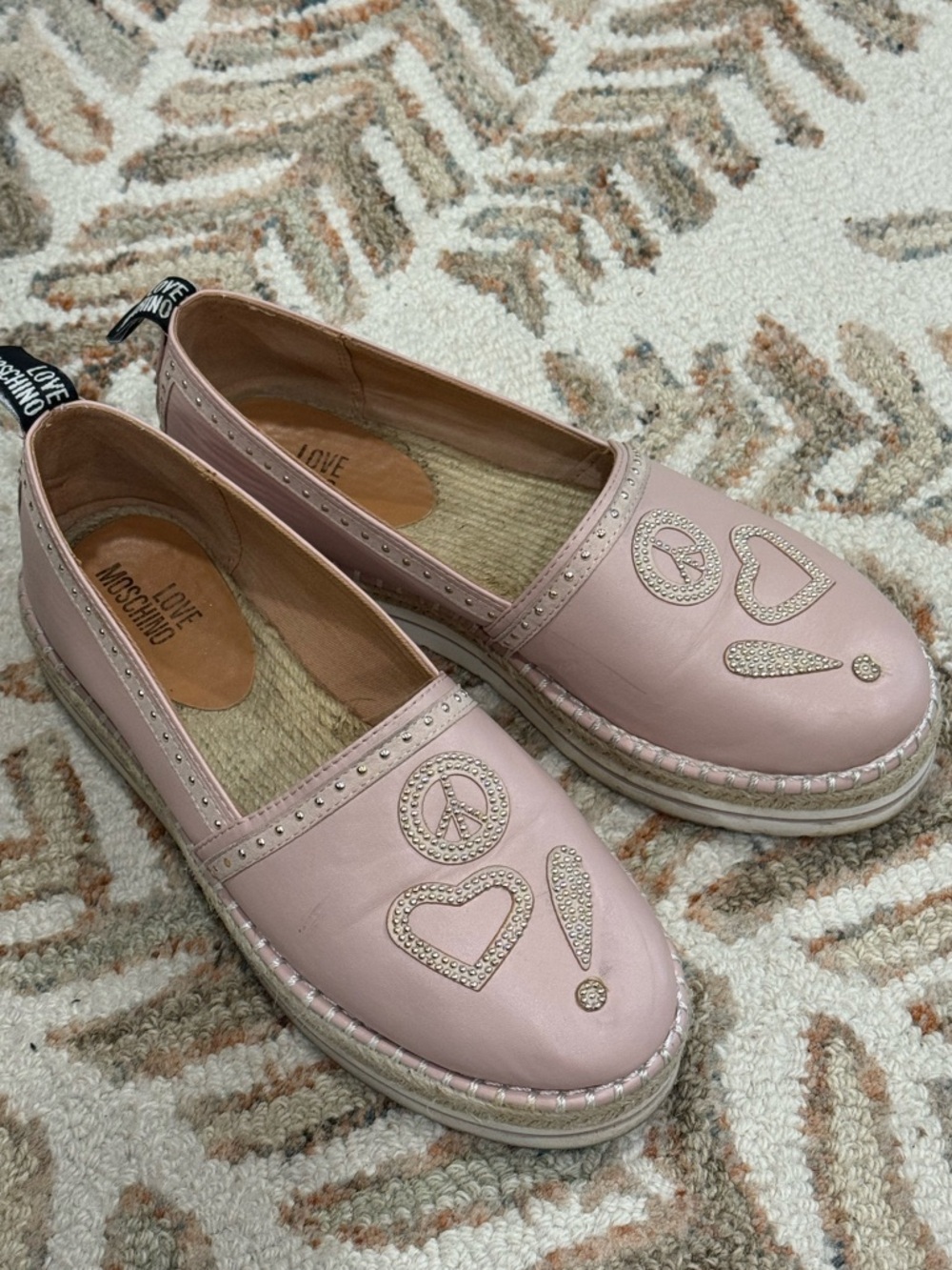 Love Moschino Pink Embellished Leather Espadrilles